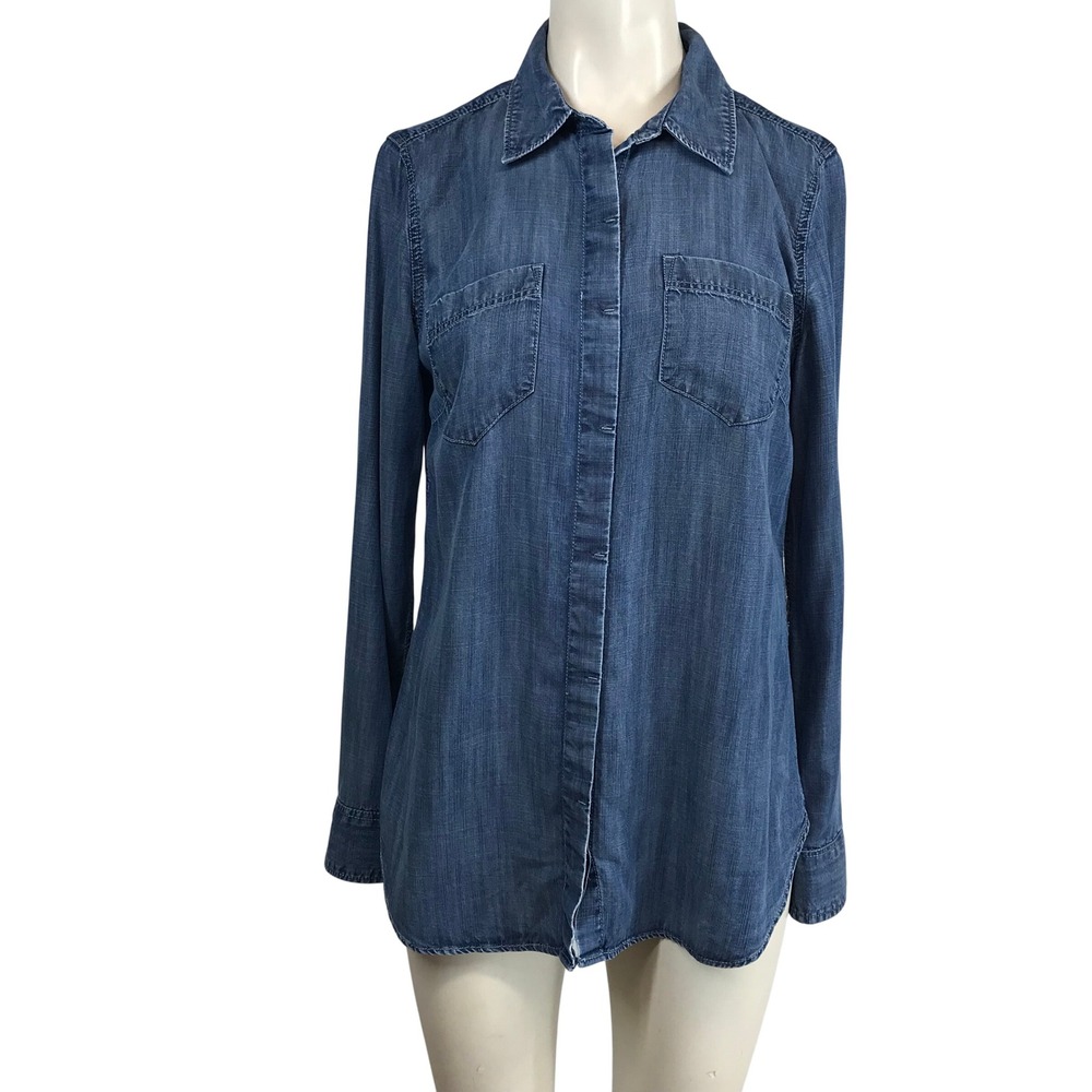 TALBOTS Womens Blue Denim Chambray Long Sleeve Button Down Shirt Size S